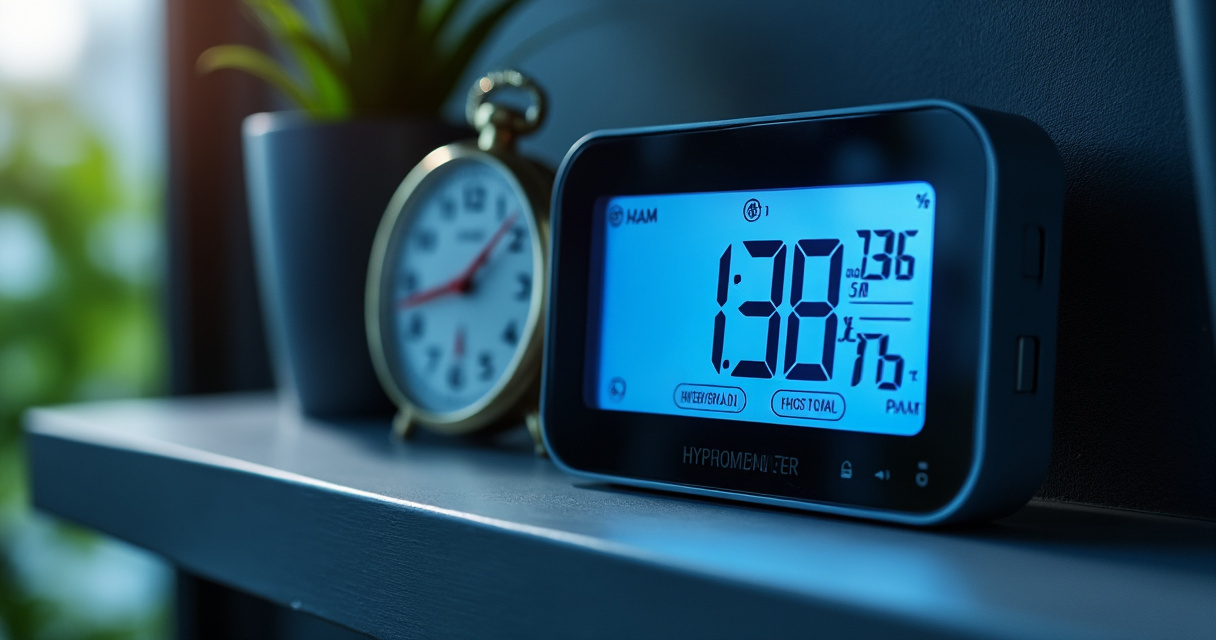 Digitales Hygrometer zeigt Luftfeuchtigkeit und Temperatur an