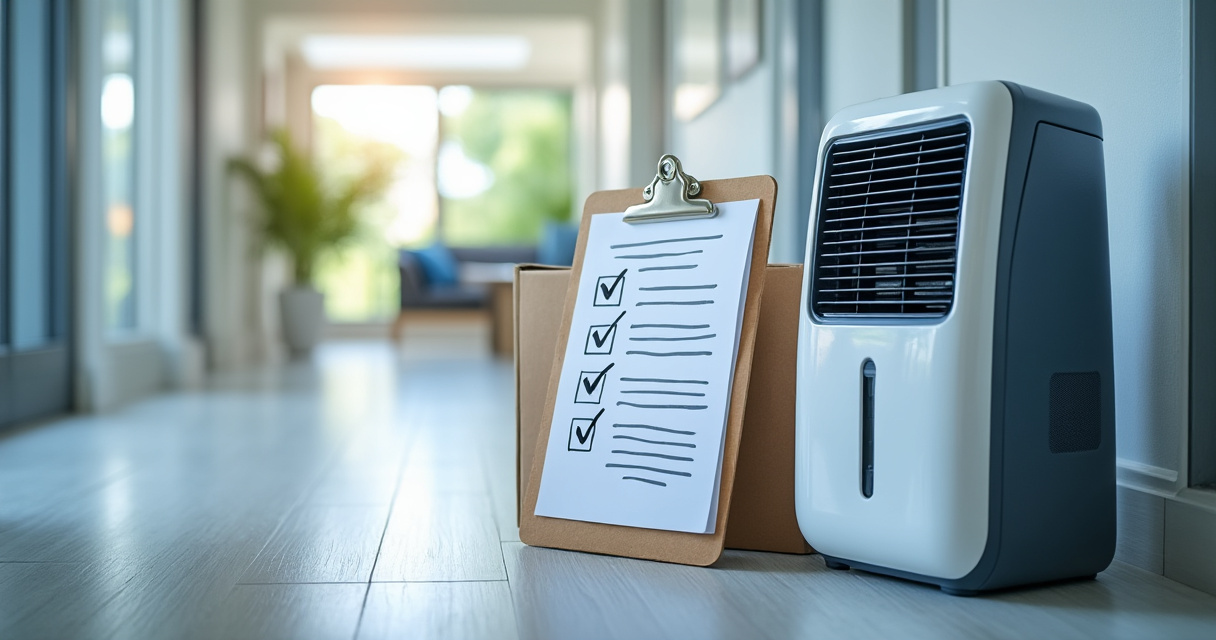 Checkliste für den Luftentfeuchter-Kauf mit Notizblock