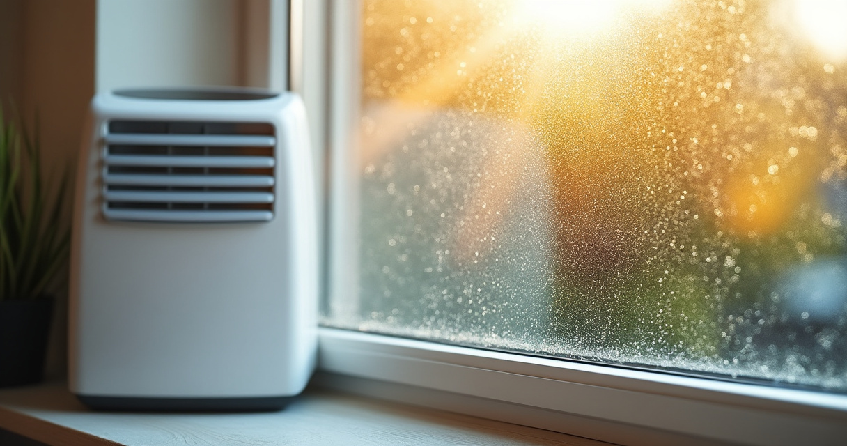 Beschlagenes Fenster mit Kondenswasser im Herbst