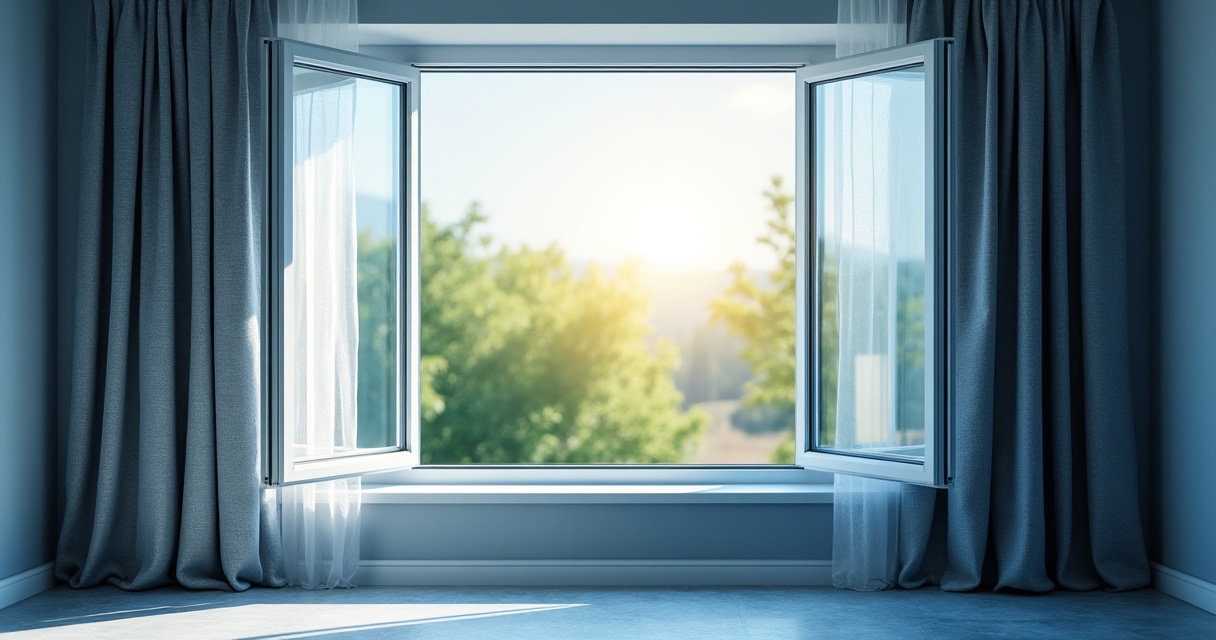 Stoßlüften am geöffneten Fenster im Wohnraum