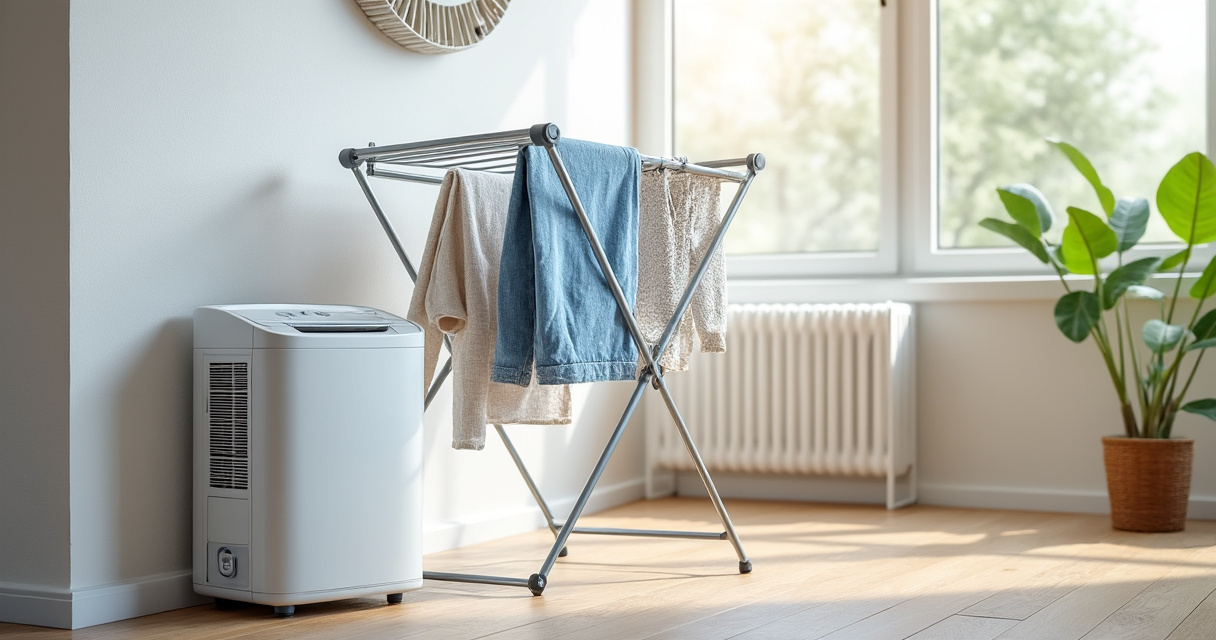 Wäsche trocknet in der Wohnung an einem Wäscheständer